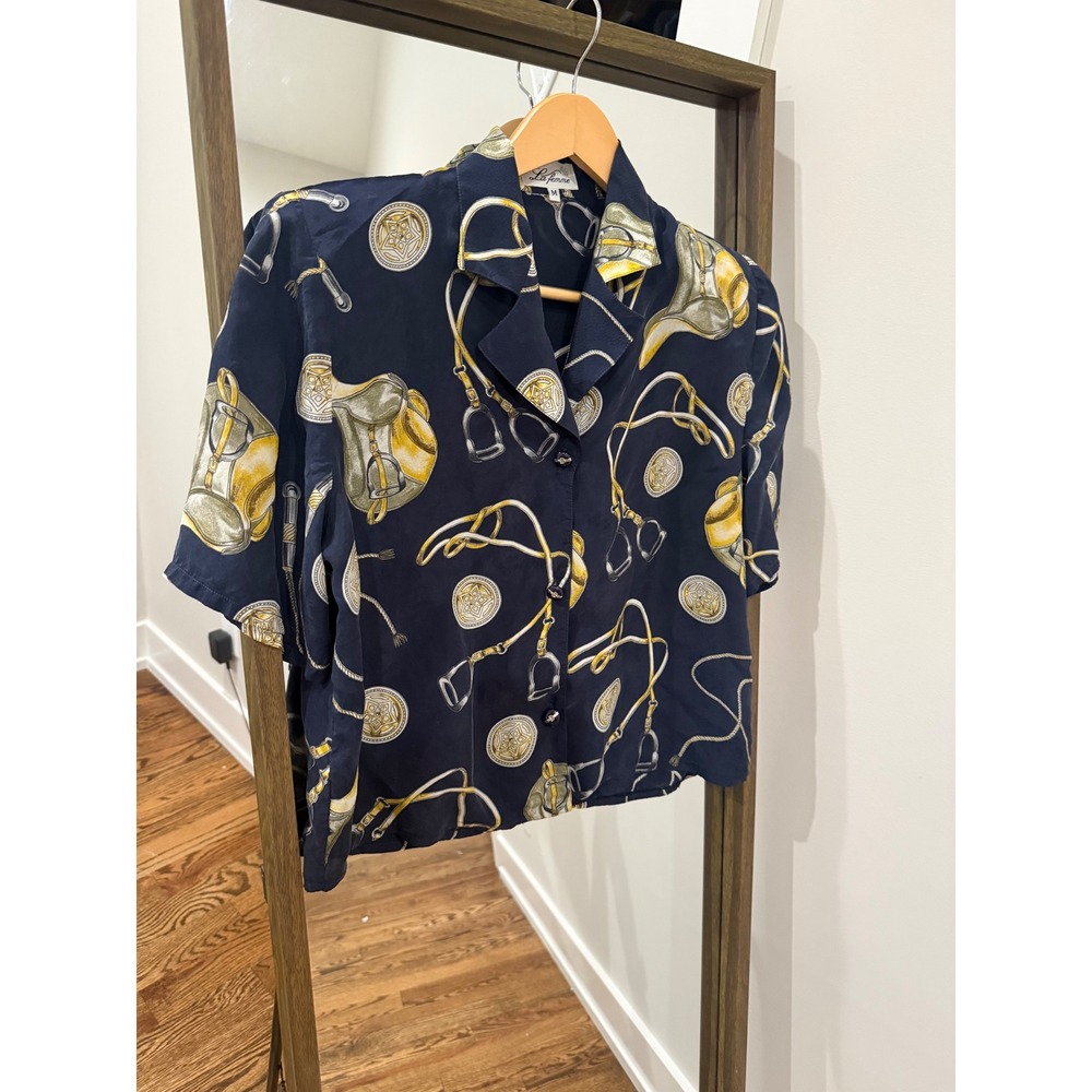 La Femme Vintage Equestrian Print Short Sleeve Button Down Blouse Navy Blue M